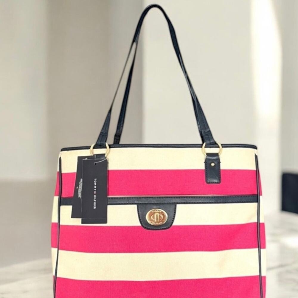 NEW TOMMY HILFIGER Satchel Tote Bag Pink Cream Striped Navy Trim NWT 1652-57 - Picture 13 of 13